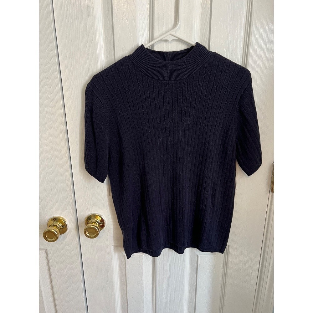 Laura Scott Womens Large Acrylic Navy Short‎ Sleeve Fitted Ribbed Shirt